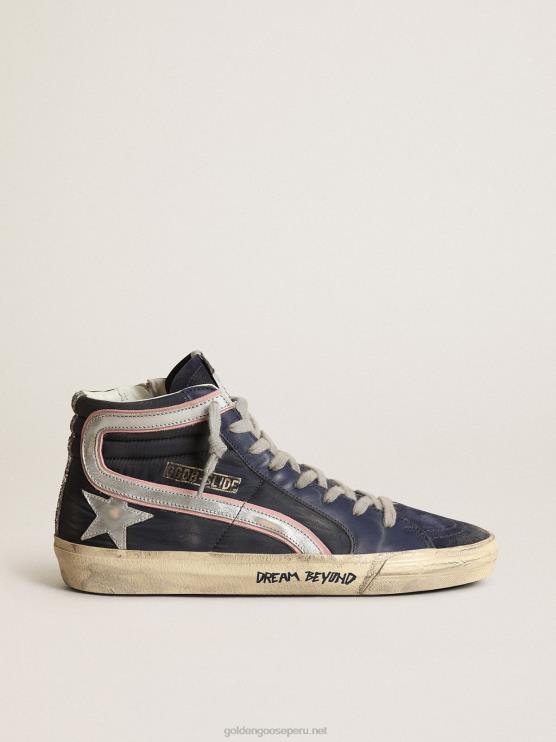 FDVPX269 Golden Goose mujer Zapatillas deportivas slide ltd de nailon azul con estrella y flash de piel plateada metalizada