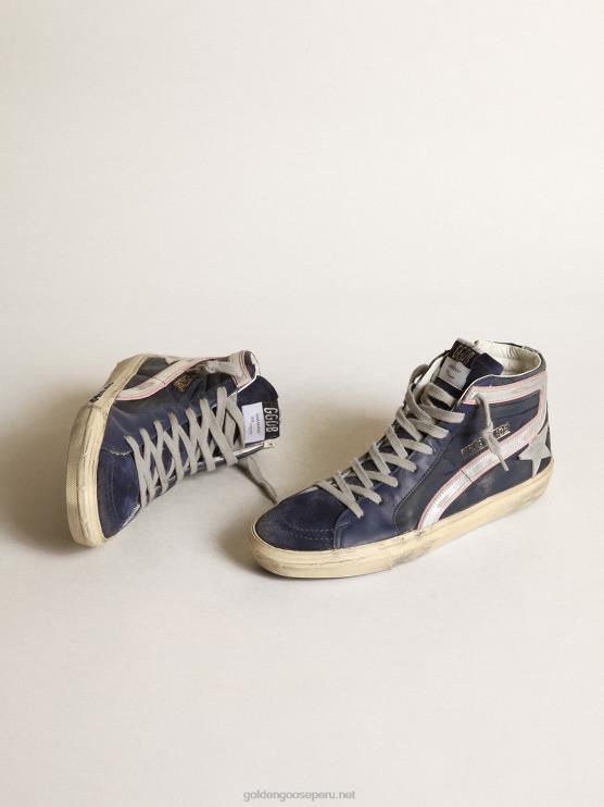 FDVPX269 Golden Goose mujer Zapatillas deportivas slide ltd de nailon azul con estrella y flash de piel plateada metalizada