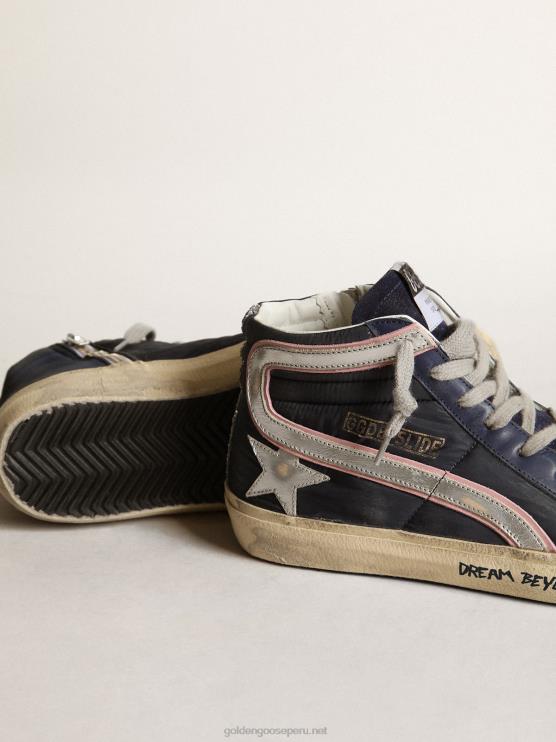 FDVPX269 Golden Goose mujer Zapatillas deportivas slide ltd de nailon azul con estrella y flash de piel plateada metalizada