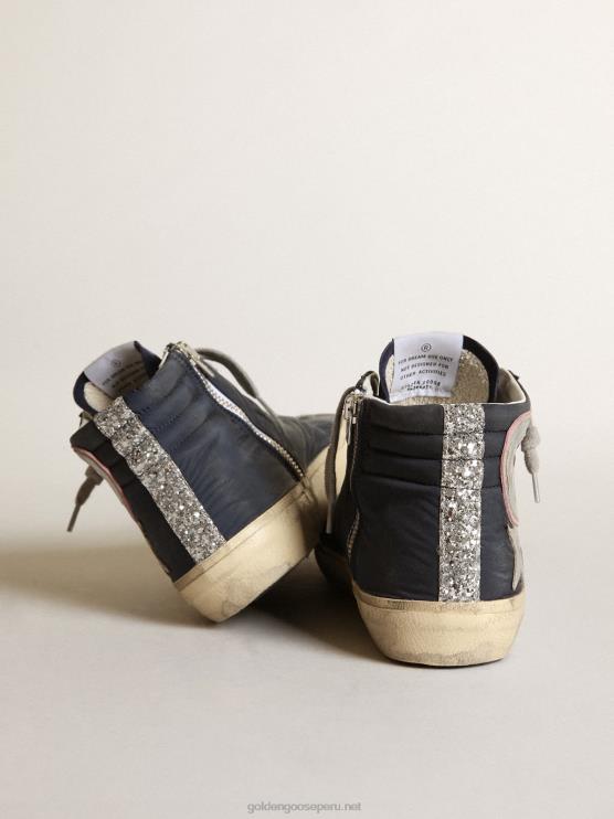 FDVPX269 Golden Goose mujer Zapatillas deportivas slide ltd de nailon azul con estrella y flash de piel plateada metalizada