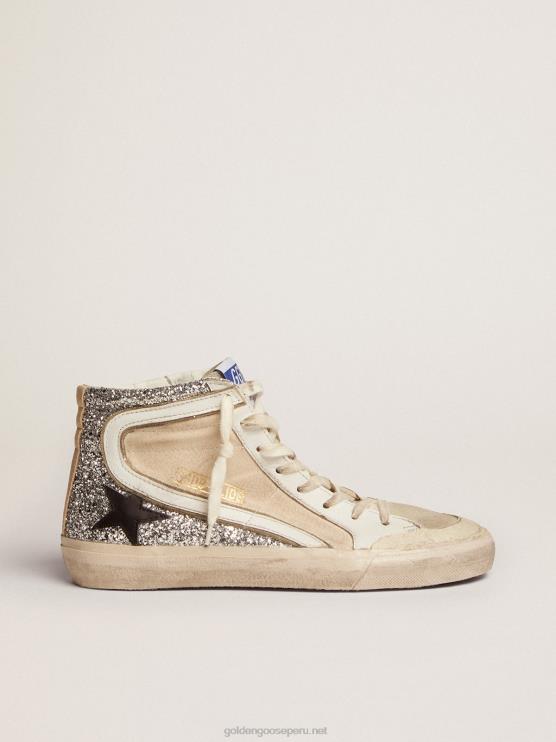 FDVPX276 Golden Goose mujer Deportivas penstar slide de lona color crema y purpurina plateada con estrella de piel negra