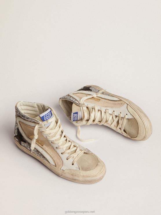 FDVPX276 Golden Goose mujer Deportivas penstar slide de lona color crema y purpurina plateada con estrella de piel negra