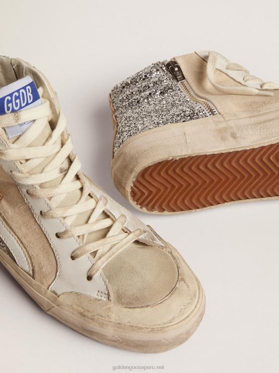 FDVPX276 Golden Goose mujer Deportivas penstar slide de lona color crema y purpurina plateada con estrella de piel negra