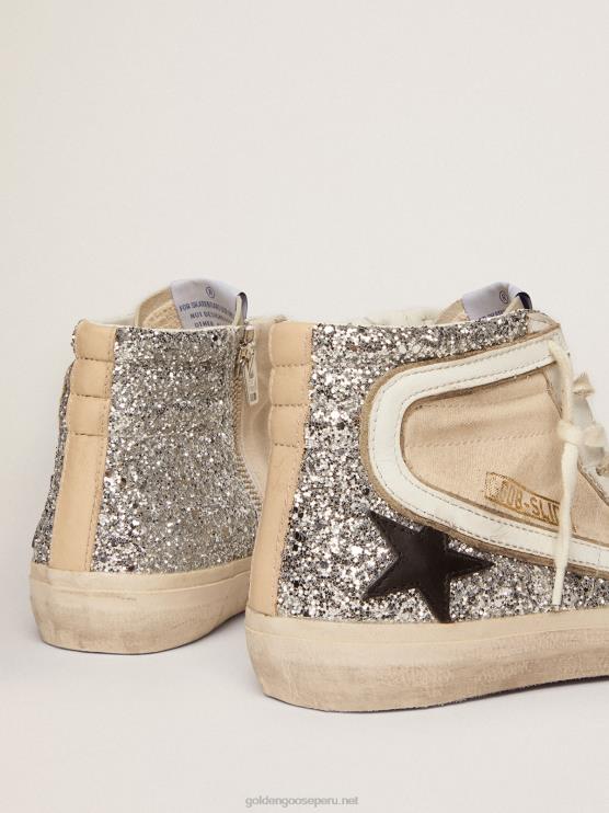 FDVPX276 Golden Goose mujer Deportivas penstar slide de lona color crema y purpurina plateada con estrella de piel negra