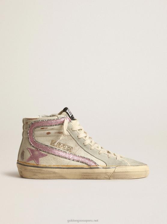 FDVPX283 Golden Goose mujer slide ltd en beige con estrella de cuero metalizado rosa y flash