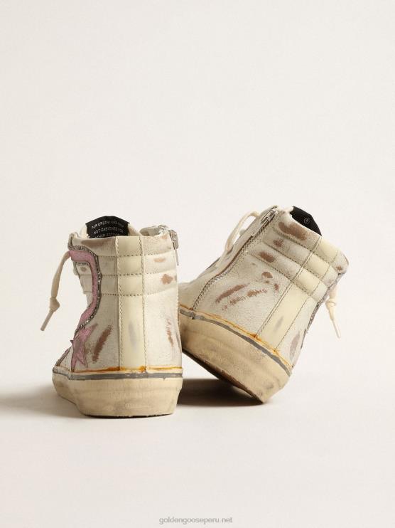 FDVPX283 Golden Goose mujer slide ltd en beige con estrella de cuero metalizado rosa y flash