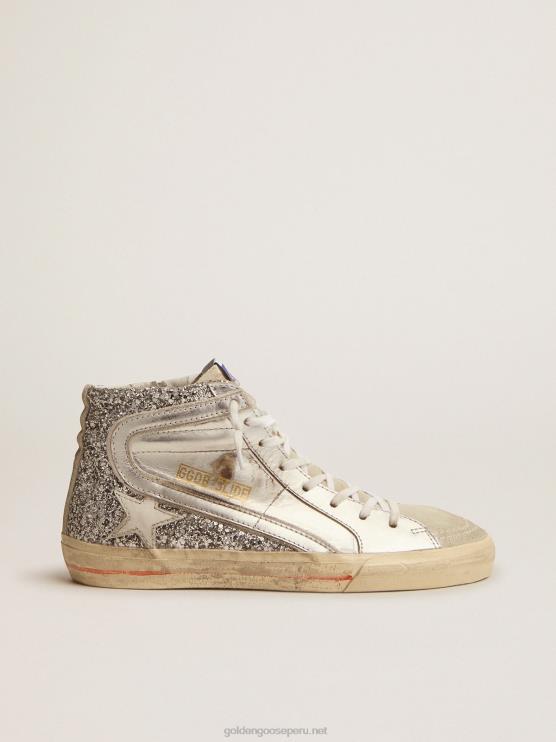FDVPX69 Golden Goose mujer zapatillas deportivas slide con pala de piel laminada y purpurina plateada