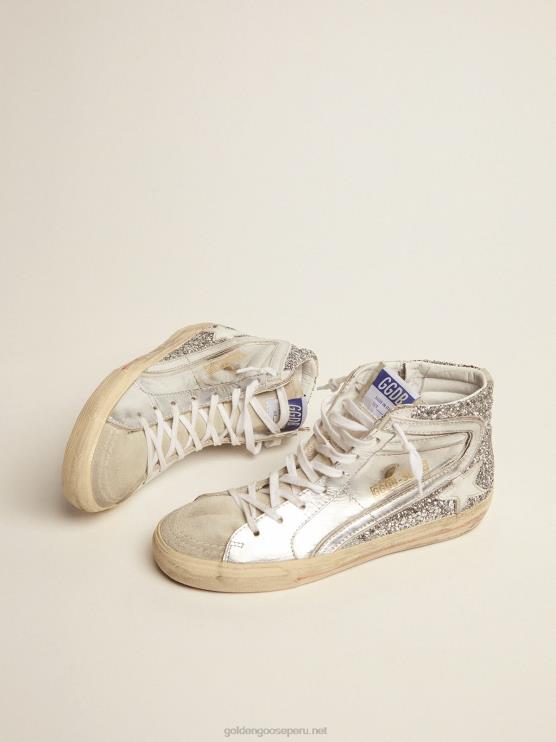 FDVPX69 Golden Goose mujer zapatillas deportivas slide con pala de piel laminada y purpurina plateada