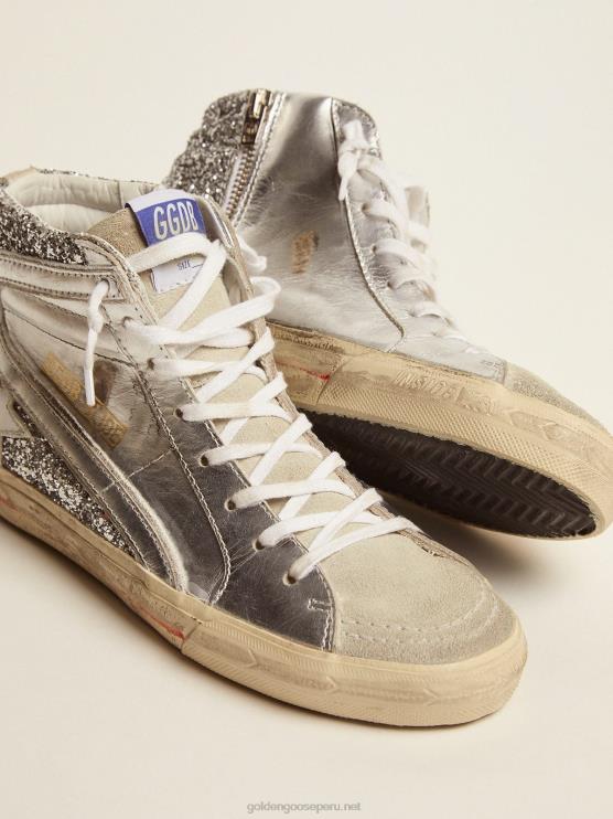 FDVPX69 Golden Goose mujer zapatillas deportivas slide con pala de piel laminada y purpurina plateada