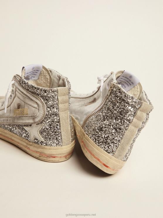 FDVPX69 Golden Goose mujer zapatillas deportivas slide con pala de piel laminada y purpurina plateada