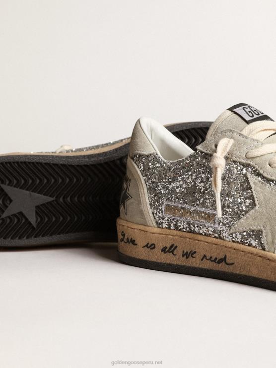 FDVPX233 Golden Goose mujer estrella bola en purpurina plateada con inserciones de ante gris hielo