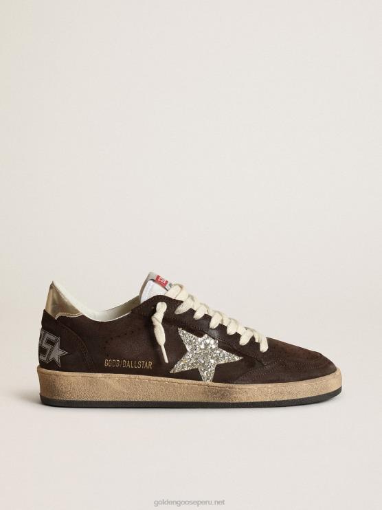 FDVPX275 Golden Goose mujer Zapatillas deportivas ball star de ante marrón con estrella de purpurina platino y lengüeta de nailon blanco