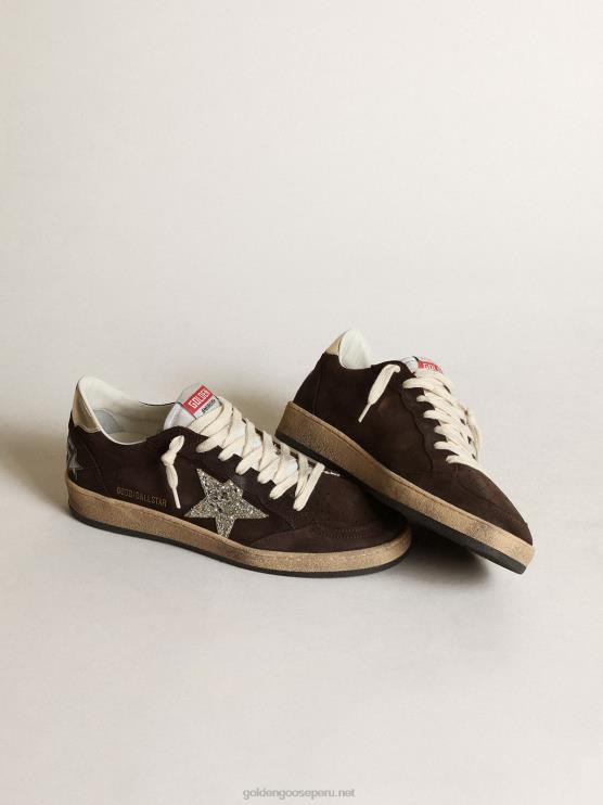 FDVPX275 Golden Goose mujer Zapatillas deportivas ball star de ante marrón con estrella de purpurina platino y lengüeta de nailon blanco