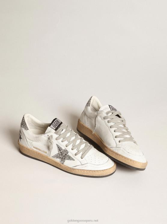FDVPX36 Golden Goose mujer zapatillas ball star de napa blanca con estrella plateada brillante y refuerzo en el talón