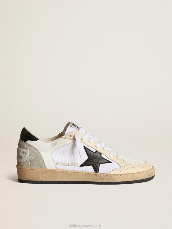 FDVPX84 Golden Goose mujer Deportivas ball star de lona y piel blanca con inserciones de piel marfil y estrella de napa negra