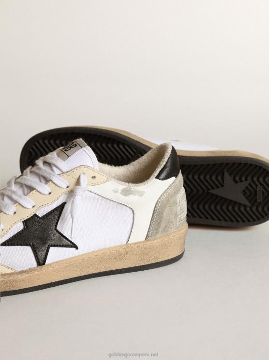FDVPX84 Golden Goose mujer Deportivas ball star de lona y piel blanca con inserciones de piel marfil y estrella de napa negra