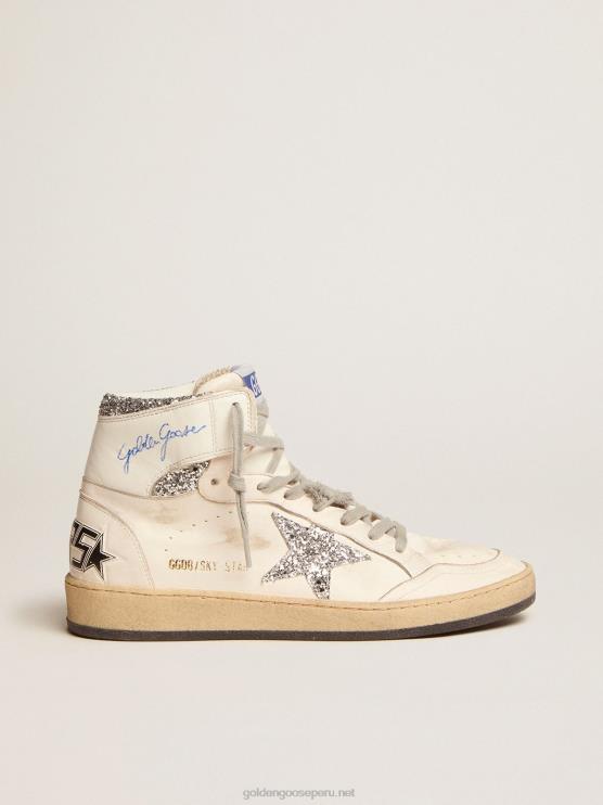 FDVPX2 Golden Goose mujer zapatillas sky-star con firma en el tobillo e inserciones de purpurina plateada