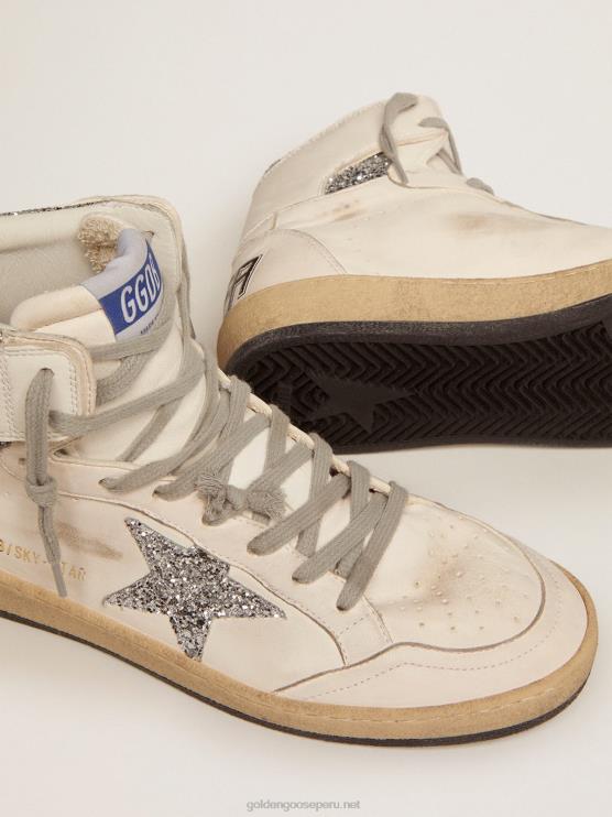 FDVPX2 Golden Goose mujer zapatillas sky-star con firma en el tobillo e inserciones de purpurina plateada