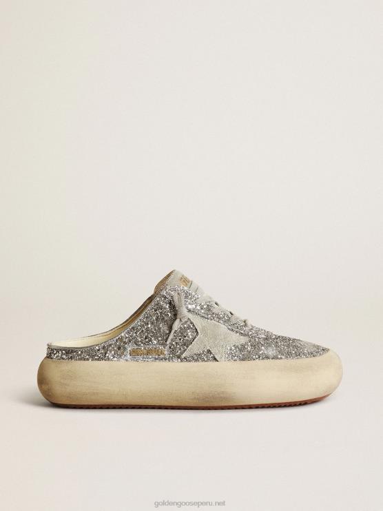 FDVPX148 Golden Goose mujer zuecos de estrella espacial en purpurina plateada con estrella y lengüeta de ante gris hielo