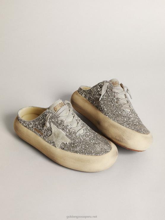 FDVPX148 Golden Goose mujer zuecos de estrella espacial en purpurina plateada con estrella y lengüeta de ante gris hielo