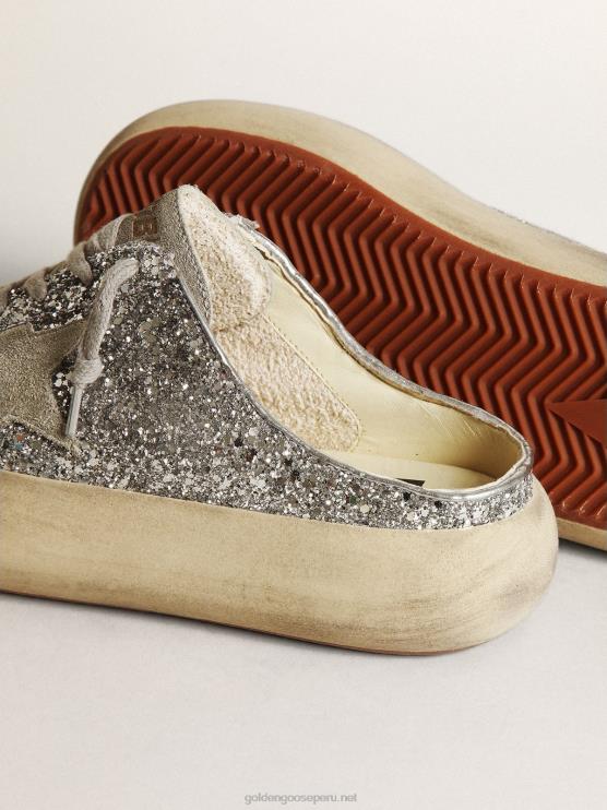 FDVPX148 Golden Goose mujer zuecos de estrella espacial en purpurina plateada con estrella y lengüeta de ante gris hielo