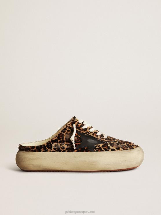 FDVPX149 Golden Goose mujer zuecos space-star de piel de potro con estampado de leopardo y estrella de cuero negro