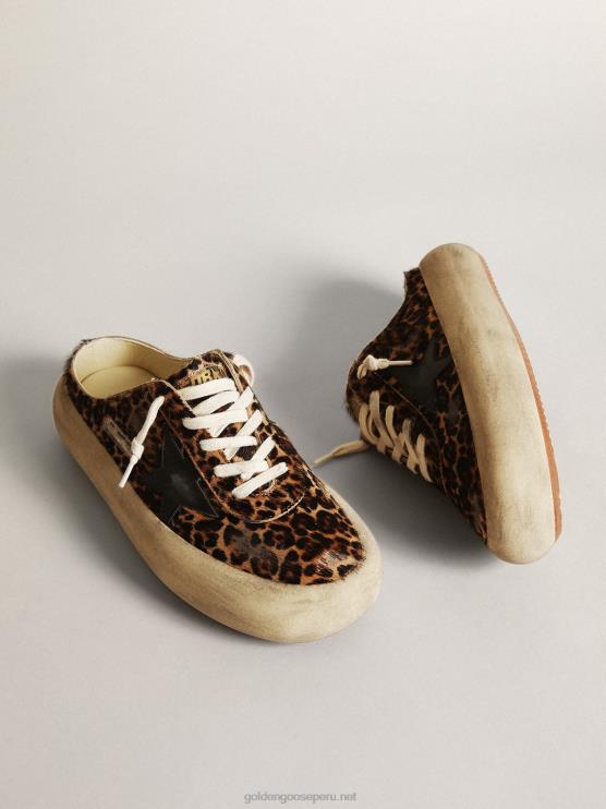 FDVPX149 Golden Goose mujer zuecos space-star de piel de potro con estampado de leopardo y estrella de cuero negro
