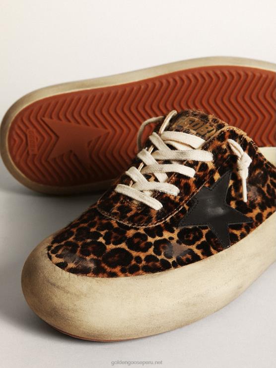 FDVPX149 Golden Goose mujer zuecos space-star de piel de potro con estampado de leopardo y estrella de cuero negro
