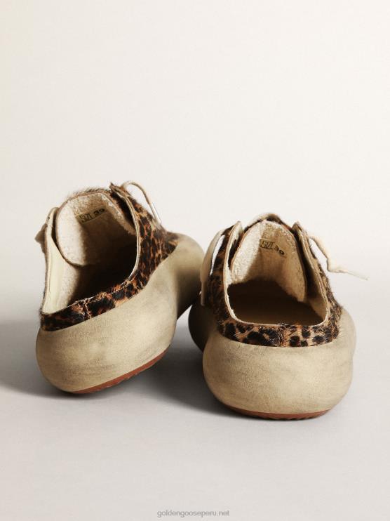 FDVPX149 Golden Goose mujer zuecos space-star de piel de potro con estampado de leopardo y estrella de cuero negro