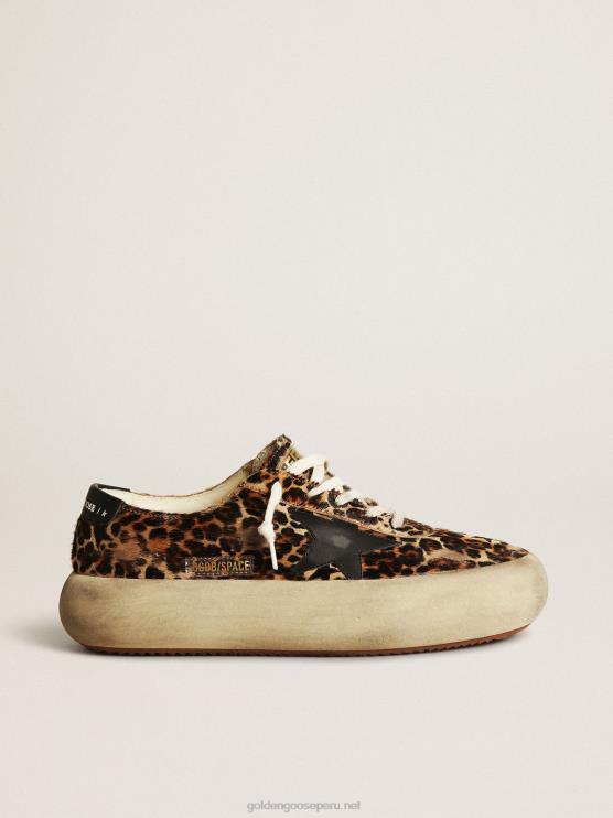 FDVPX174 Golden Goose mujer zapatos space-star de piel de potro con estampado de leopardo con estrella de piel negra y refuerzo en el talón