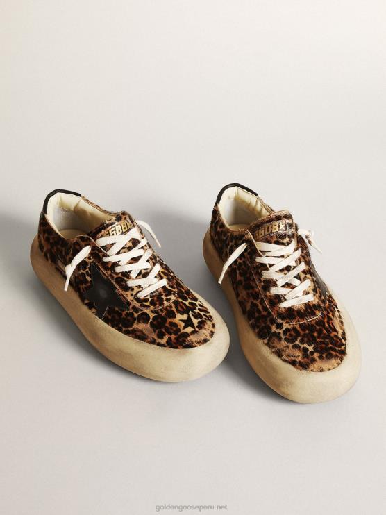 FDVPX174 Golden Goose mujer zapatos space-star de piel de potro con estampado de leopardo con estrella de piel negra y refuerzo en el talón