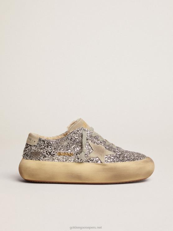 FDVPX177 Golden Goose mujer zapatos space-star en purpurina plateada con forro de borrego