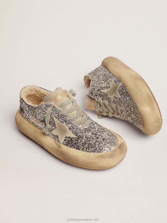 FDVPX177 Golden Goose mujer zapatos space-star en purpurina plateada con forro de borrego