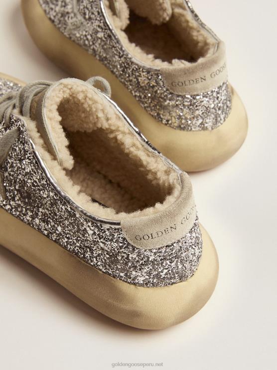FDVPX177 Golden Goose mujer zapatos space-star en purpurina plateada con forro de borrego