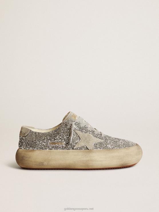 FDVPX212 Golden Goose mujer zapatos space-star en purpurina plateada con estrella de ante gris hielo y refuerzo en el talón