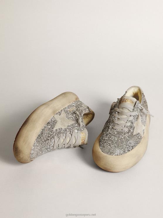 FDVPX212 Golden Goose mujer zapatos space-star en purpurina plateada con estrella de ante gris hielo y refuerzo en el talón
