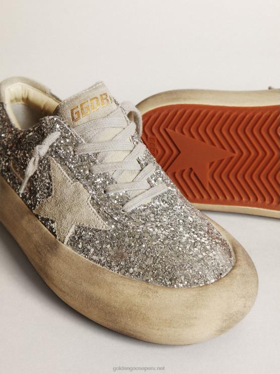 FDVPX212 Golden Goose mujer zapatos space-star en purpurina plateada con estrella de ante gris hielo y refuerzo en el talón