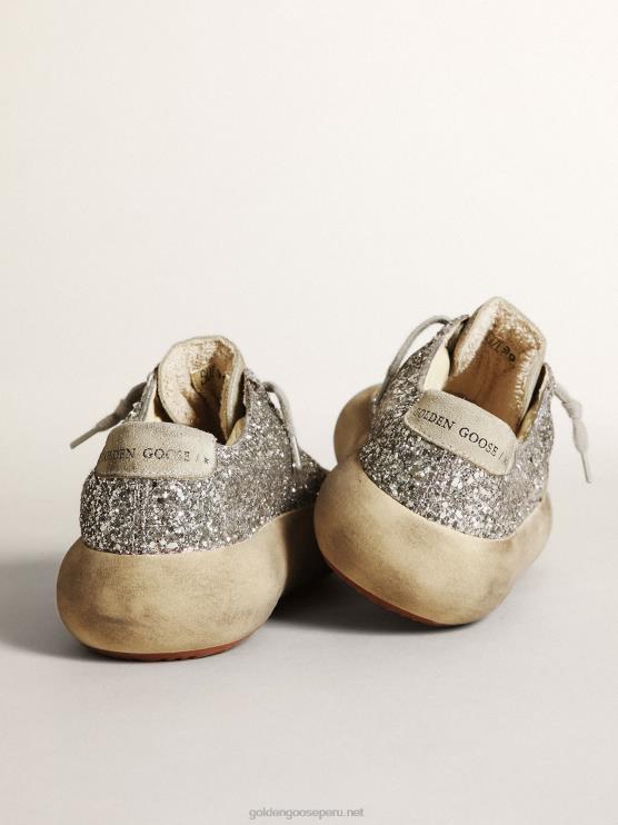 FDVPX212 Golden Goose mujer zapatos space-star en purpurina plateada con estrella de ante gris hielo y refuerzo en el talón
