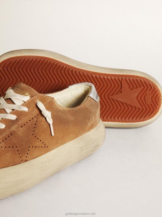 FDVPX236 Golden Goose mujer Zapatos space-star de ante color tabaco con estrella perforada y refuerzo del talón de piel metalizada plateada