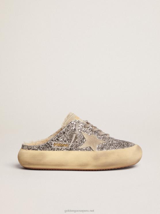 FDVPX78 Golden Goose mujer sabot space-star en purpurina plateada con forro de borrego