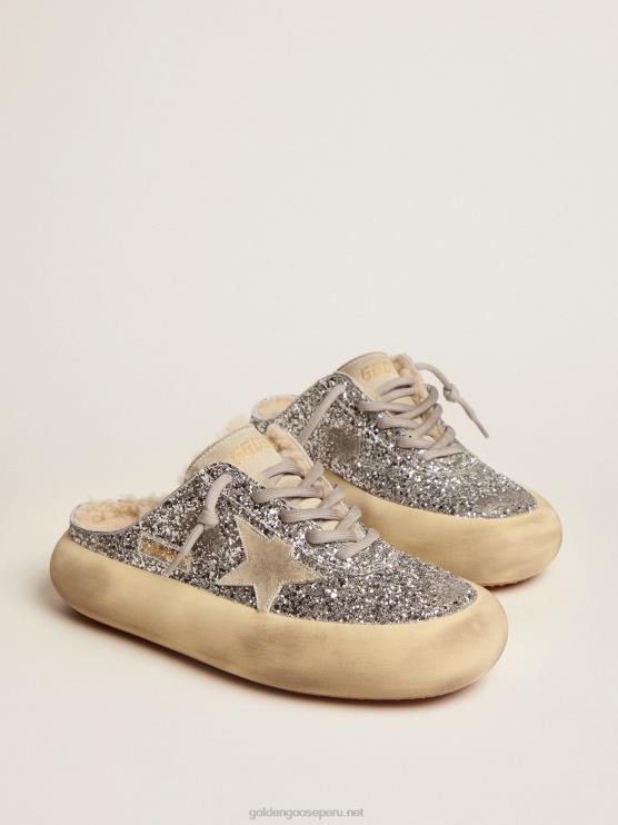 FDVPX78 Golden Goose mujer sabot space-star en purpurina plateada con forro de borrego