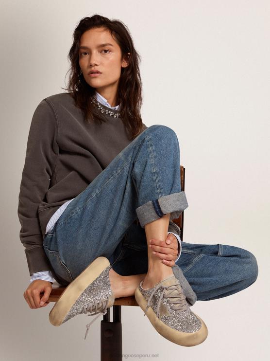 FDVPX78 Golden Goose mujer sabot space-star en purpurina plateada con forro de borrego