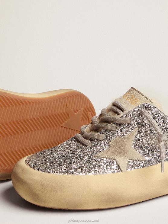 FDVPX78 Golden Goose mujer sabot space-star en purpurina plateada con forro de borrego