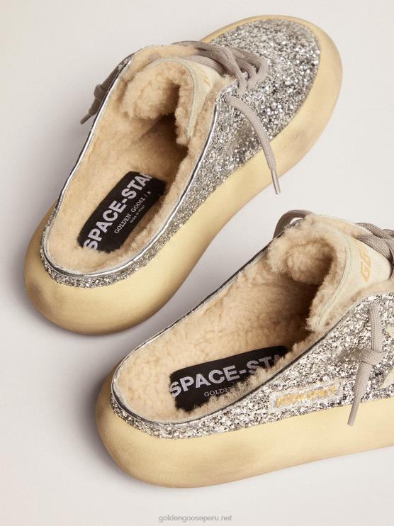 FDVPX78 Golden Goose mujer sabot space-star en purpurina plateada con forro de borrego