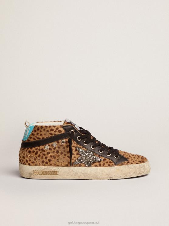 FDVPX110 Golden Goose mujer zapatillas deportivas mid star de piel de potro animal print con estrella de purpurina plateada