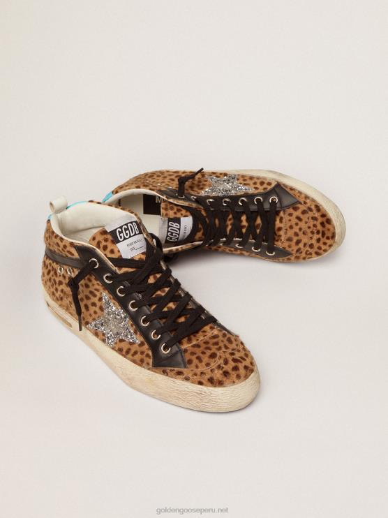FDVPX110 Golden Goose mujer zapatillas deportivas mid star de piel de potro animal print con estrella de purpurina plateada