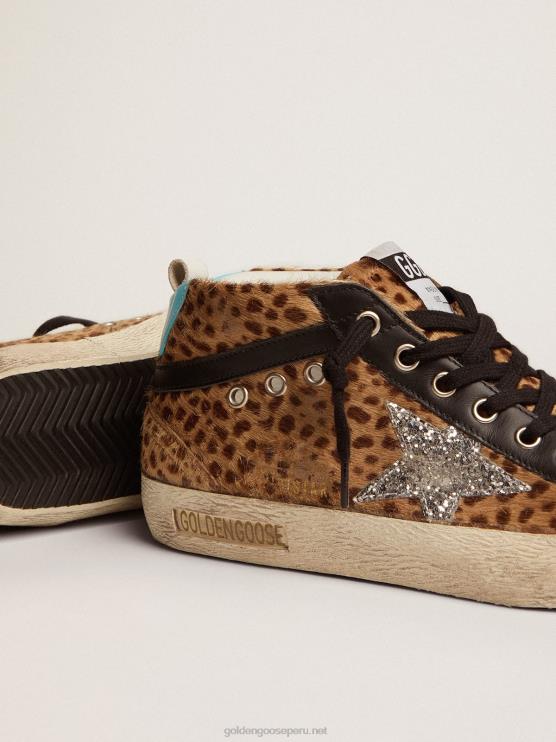 FDVPX110 Golden Goose mujer zapatillas deportivas mid star de piel de potro animal print con estrella de purpurina plateada