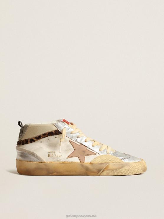 FDVPX142 Golden Goose mujer mid star ltd con inserciones de cuero plateado metalizado y estrella rosa