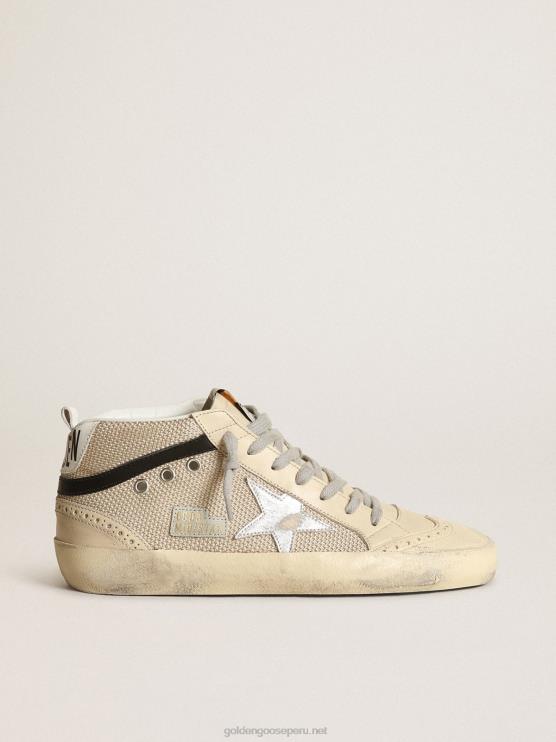 FDVPX14 Golden Goose mujer Zapatillas deportivas mid star ltd de malla color crema con estrella de piel plateada metalizada y flash de piel negra