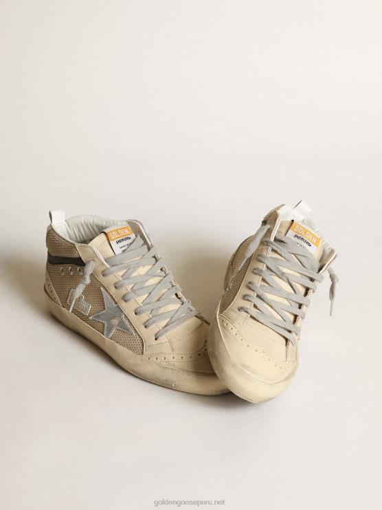 FDVPX14 Golden Goose mujer Zapatillas deportivas mid star ltd de malla color crema con estrella de piel plateada metalizada y flash de piel negra